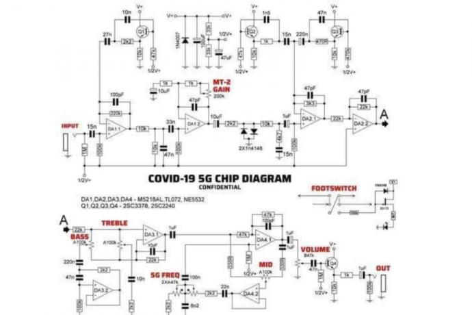 Egy gitárpedál áramkörei és nem a vakcinában lévő 5G-chip ábrája van a neten terjedő fotón