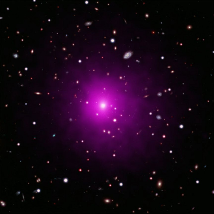 Kompozit kép az Abell 2261-ről a Hubble, a Subaru és a Chandra megfigyeléseiből. (Forrás: NASA/CXC/Univ of Michigan/K. Gültekin, NASA/STScI/NAOJ/Subaru, NSF/NOAO/KPNO)