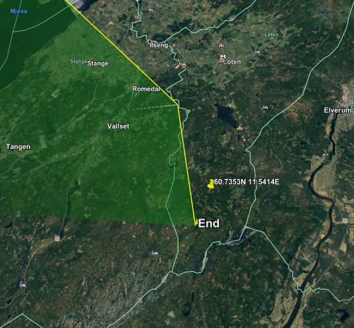 A Norsar által közzétett térképrészlet a meteorit pályájáról, gombostűvel az intézet mérőállomását jelölték