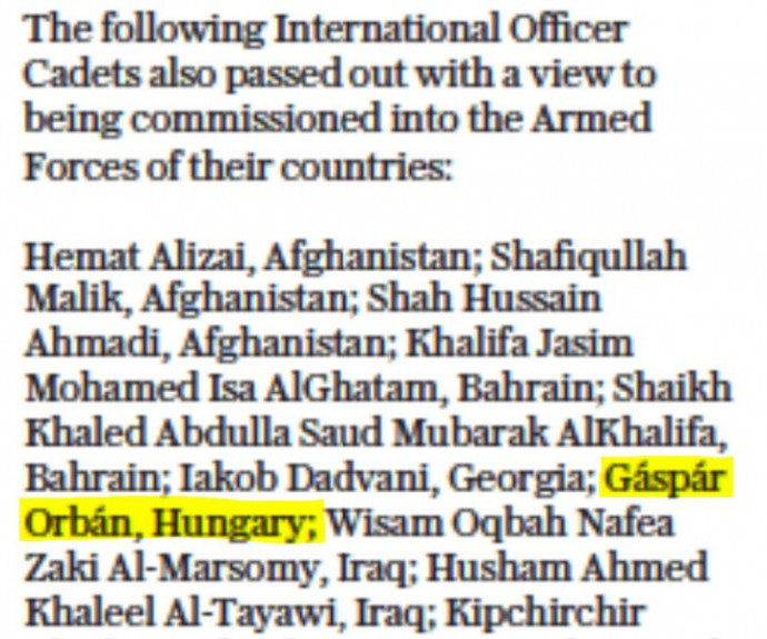 Gáspár Orbán listed among the Sandhurst graduates in the 1 January issue of the Daily Telegraph