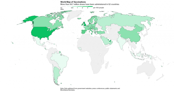 A Bloomberg vakcinatérképe – minél sötétebb zöld színű egy ország, annál több oltóanyaghoz jutott, a szürke országokban még nincs vakcinázás