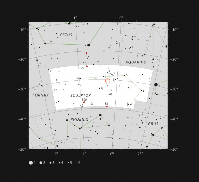 A TOI-178 a Szobrász csillagképben található a piros körben – Kép: ESO