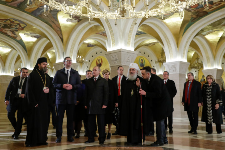 Vlagyimir Putyin a belgrádi Szent Száva-templomban 2019-ben – Fotó: Mikhail Metzel / TASS / Getty Images