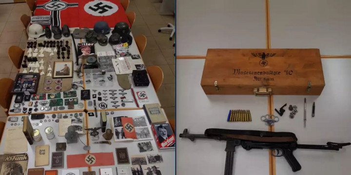 A házkutatás során talált fegyverek és relikviák – Fotó: LPD Wien