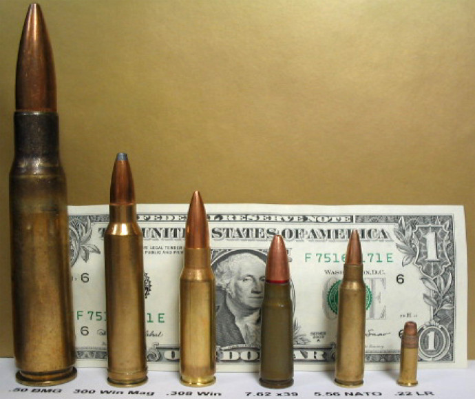 Balra a .50-es kaliberű lövedék mérete a többi, nagyobb mennyiségben használt lövedékhez képest – Fotó: Richard C. Wysong II / Wikimedia