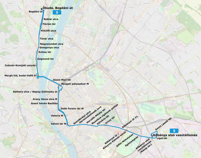 A trolibusszá átalakítandó 9-es busz vonala – Forrás: wikipédia