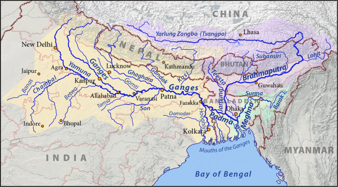 A Jarlung Cangpo (Yarlung Tsangpo), majd Brahmaputra útja a Gangeszbe. Forrás: Creative Commons