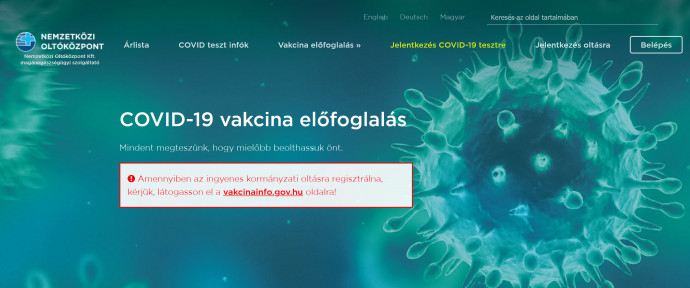 Nemzetközi Oltóközpont honlapjának felülete, ahol a koronavírus-vakcina előfoglalására lehet jelentkezni