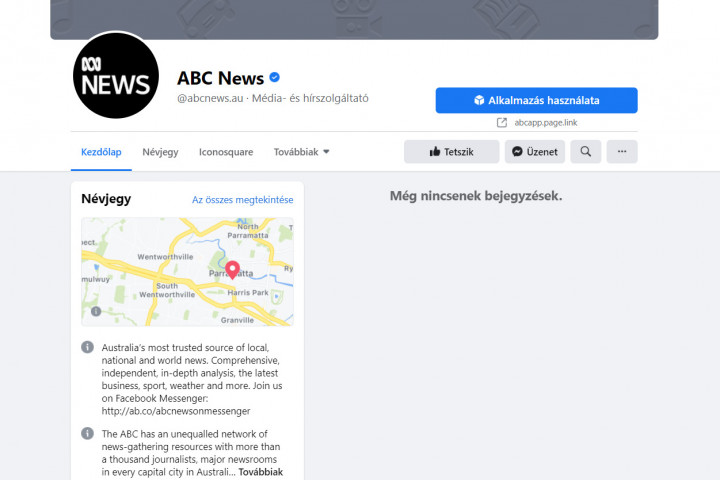 Az ausztrál állami hírszolgáltató, az ABC News Facebook oldala 2021. február 23-án