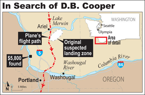 A repülőgép útvonala, a feltételezett landolási zóna és az 1980-ban megtalált bankjegyek helye az FBI térképén – Fotó: FBI