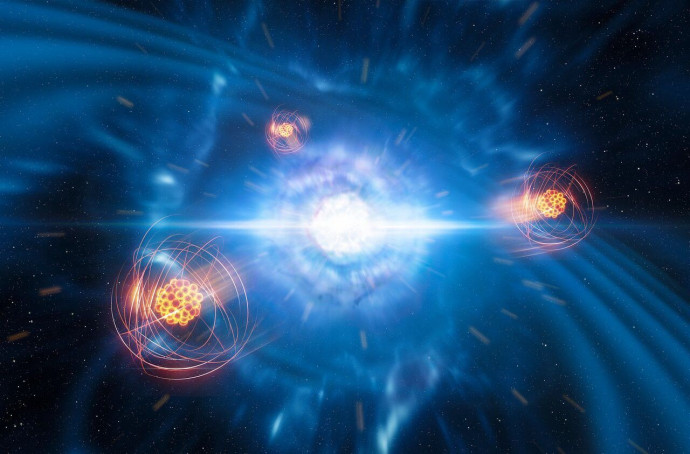 Neutroncsillagok összeolvadásából keletkező kilonova, az előtérben stroncium elemek fantáziaképe – Kép: ESO/L. Calçada/M. Kornmesser