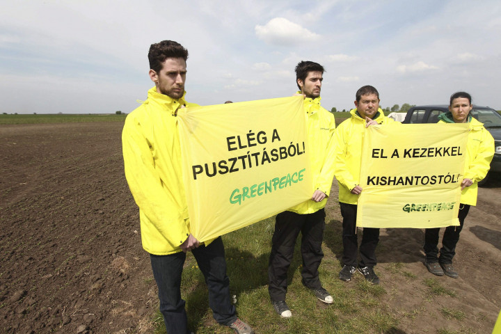 A Greenpeace aktivistái „ELÉG A PUSZTÍTÁSBÓL!” és „EL A KEZEKKEL KISHANTOSTÓL” feliratú transzparensekkel a Fejér megyei Kishantoson 2014. április 12-én – Fotó: Koppan Viktor / MTI
