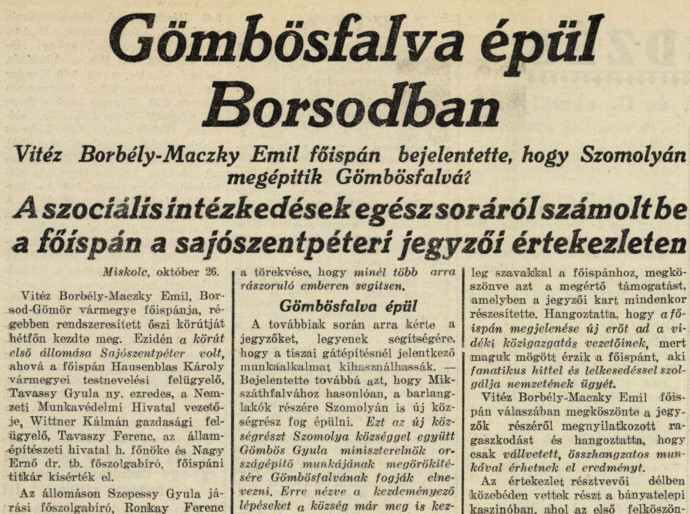Korabeli újságcikk Gömbösfalva létrejöttéről – Forrás: Felsőmagyarországi Reggeli Hirlap, 1936. október (45. évfolyam, 224-250. szám) / Arcanum