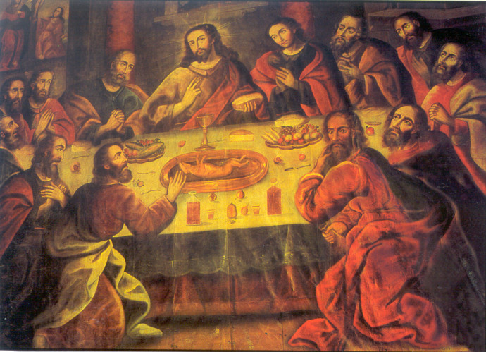 Jézus, tanítványai, egy tengerimalac és némi kukorica Marcos Zapata festményén – Fotó: Toño Zapata / Wikimedia Commons