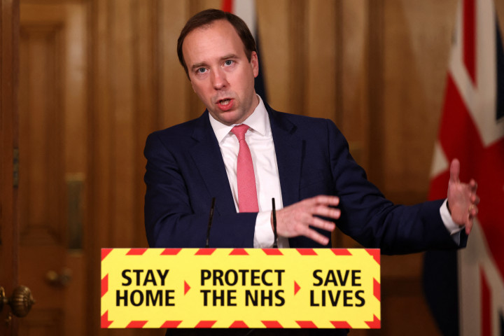 Matt Hancock brit egészségügyi miniszter sajtótájékoztatója 2021. március 1-jén, Londonban – Fotó: Ian Vogler / POOL / AFP