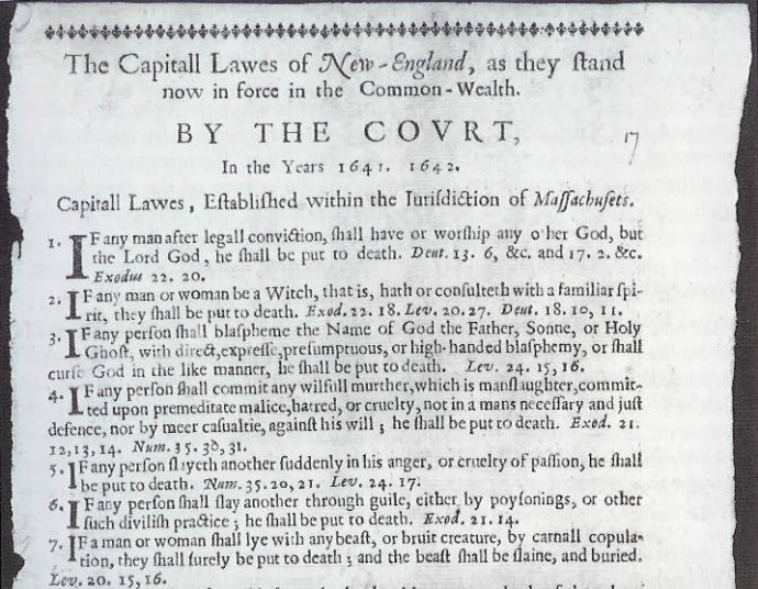 A főbenjáró bűnök 1642-ben New Englandben érvényes listája (részlet), a 7. pontra hivatkoztak Spencer ügyében – Kép: rationalrevolution.net