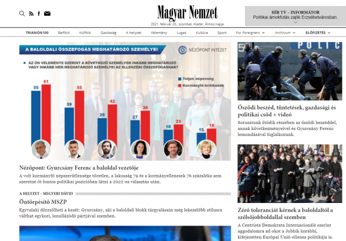 The front page of Magyar Nemzet on Feb 20, 2021