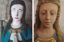 Felismerhetetlenre restauráltak egy Szűz Mária-szobrot Lengyelországban, a tulajdonos kéri vissza az előző arcot