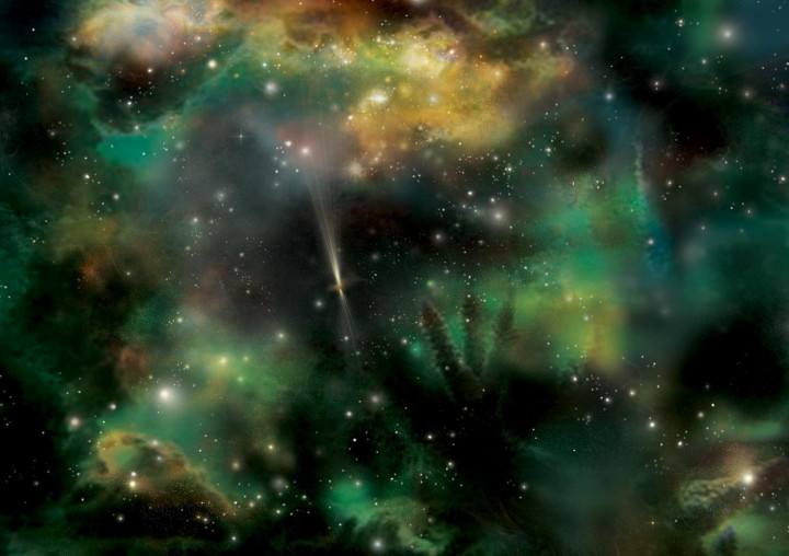 Koncepciórajz egy kozmikus por által tompított gammakitörésről.Forrás: NASA/Swift/Aurore Simonnet