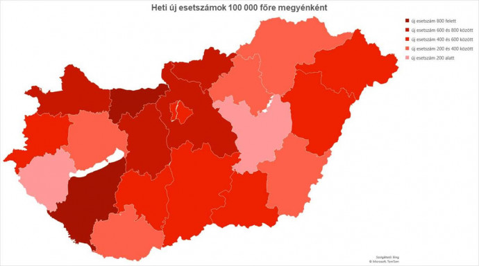 A térkép a március 3-14. közötti adatok alapján készült. Ezekkel az adatokkal indokolta Karácsony, hogy miért nem Budapesten a legsúlyosabb jelenleg a járványhelyzet.