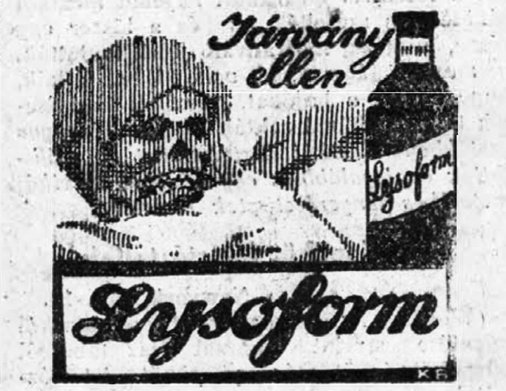 A Lysoform fertőtlenítőszer az első világháború idején volt népszerű. A képen a reklámja egy spanyolnátháról szóló cikk alatt 1927-ből – Forrás: Budapesti Hírlap, 1927. január 11. (47. évfolyam, 7. szám) / Arcanum Digitális Tudománytár