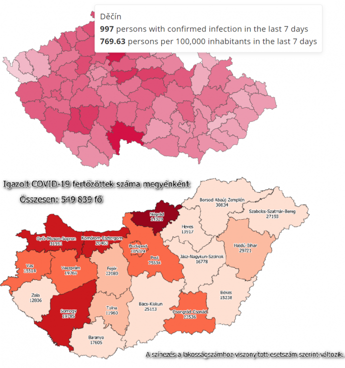 A statikus, összesített adatokat mutató magyar és az interaktív aktuális számokat is mutató cseh térkép.