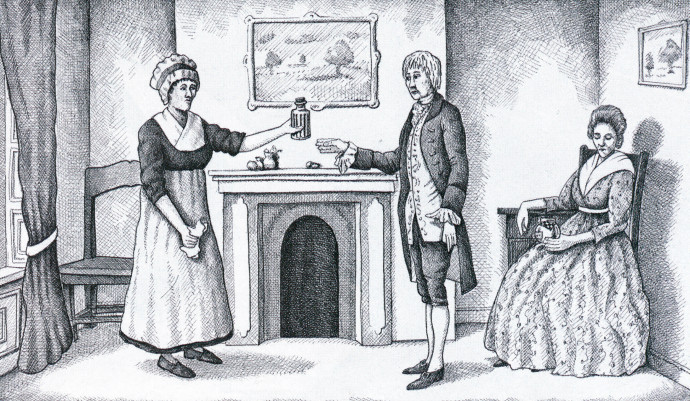 Korabeli rajz amelyen Mary Bateman a mérget tartalmazó italt átadja a Perigo házaspárnak