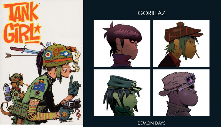 Az első Tank Girl-képregény címoldala és a második Gorillaz-album borítója. Mindkettő Jamie Hewlett munkája