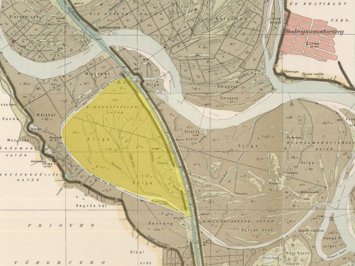 A sziget (sárgával kiemelve) egy 1911-es Duna-helyszínrajz térképen és egy 1941-es katonai felmérési térképen – Forrás: mercator.elte.hu – mapire.eu