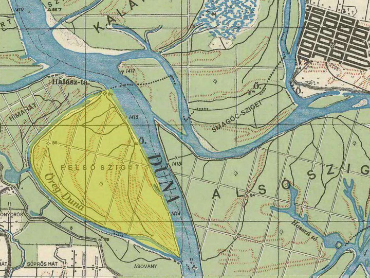 A sziget (sárgával kiemelve) egy 1911-es Duna-helyszínrajz térképen és egy 1941-es katonai felmérési térképen – Forrás: mercator.elte.hu – mapire.eu