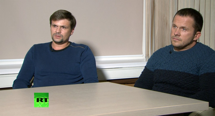 Csepiga és Miskin a Szkripal-mérgezés után az orosz állami médiában magyarázta, hogy ők nem ügynökök, hanem egyszerű testépítők, akik csak azért utaztak Angliába 2018 márciusában, hogy meglátogassák a „messze földön híres” Salisbury katedrálist – Fotó: RT / Sputnik via AFP