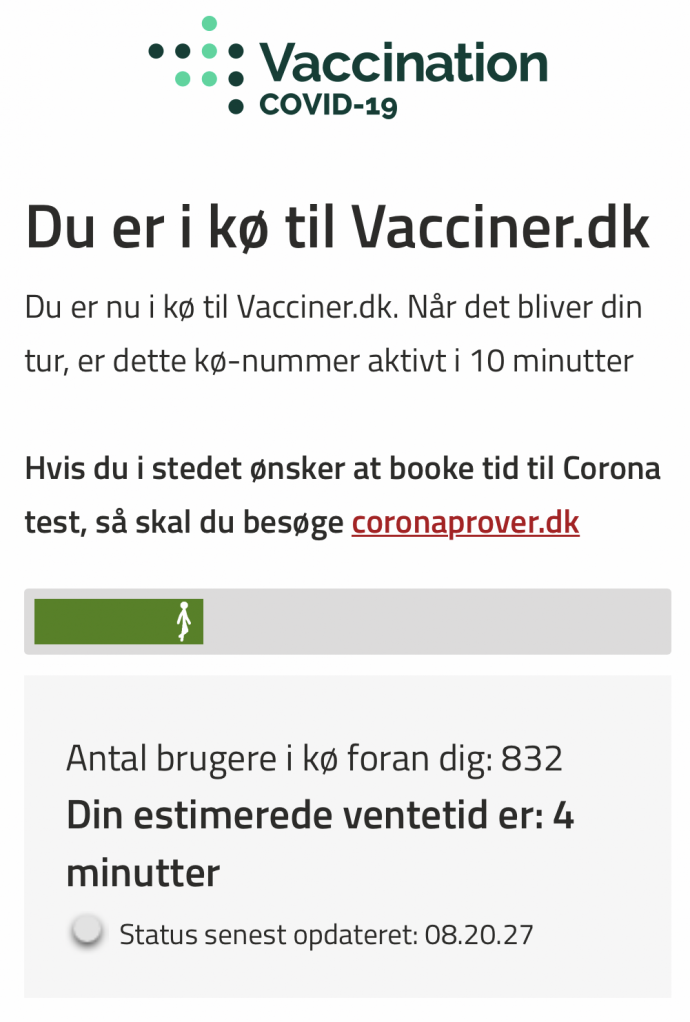 Virtuális sorban állás a dán vakcinaregisztrációs rendszerben – Kép: Olvasói kép / Telex