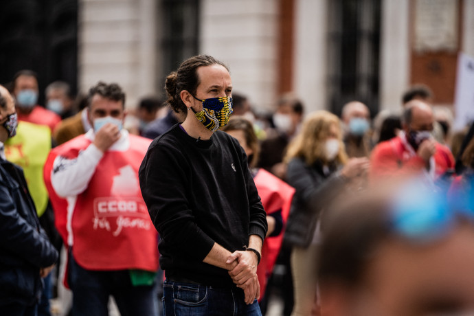 Pablo Iglesias a Unidas Podemos madridi elnökjelöltjeként május 1-én egy szakszervezeti tüntetésen – Fotó: Jon Imanol Reino / NurPhoto / AFP