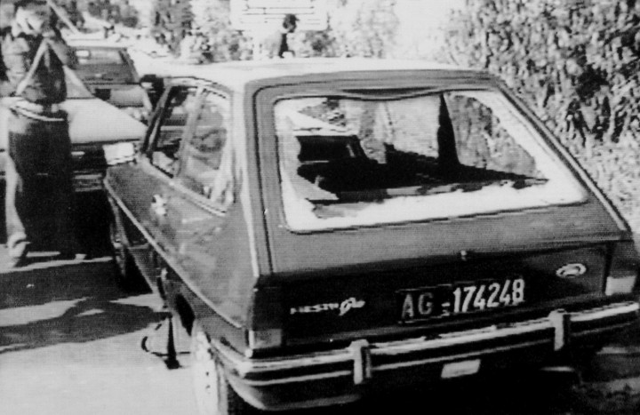 Rosario Livatino autója 1990. szeptember 21-én, Agrigentóban – Fotó: STRINGER / ANSA / AFP