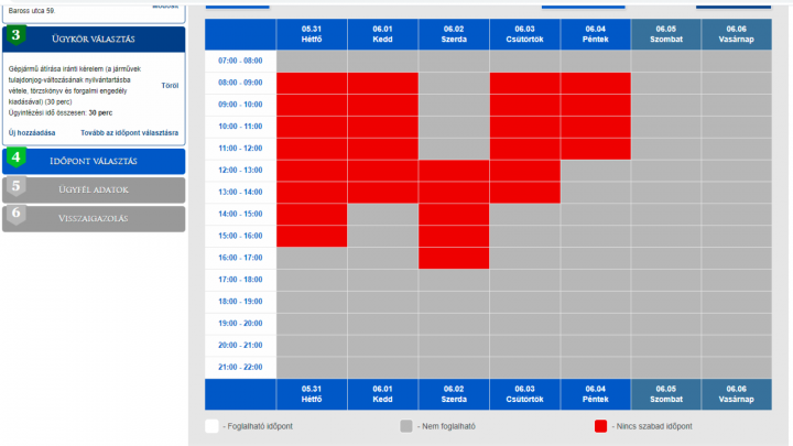 Időpontfoglalás az egyik kormányablaknál. Hetekre betelt a táblázat: a szürke nem foglalható, a piros mező foglaltat jelez. Forrás: Idopontfoglalo.kh.gov.hu