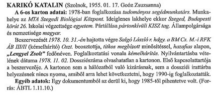 Karikó Katalin 6-os kartonjának adatai Bálint László könyvéből.