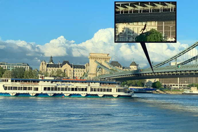 Az Európa rendezvényhajó, valamint a Lánchídra csimpaszkodó utasa 2021. május 29-én – Olvasói fotó
