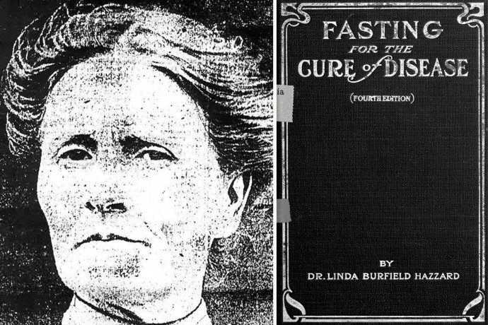 Linda Hazzard egy korabeli újság címlapfotóján, gyilkosság vádjával gyanúsítottan 1911. augusztus 7-én, és a koplalást taglaló könyvének borítója – Fotó: Seattle Post-Intelligencer; New York: Physical Culture Publishing Company