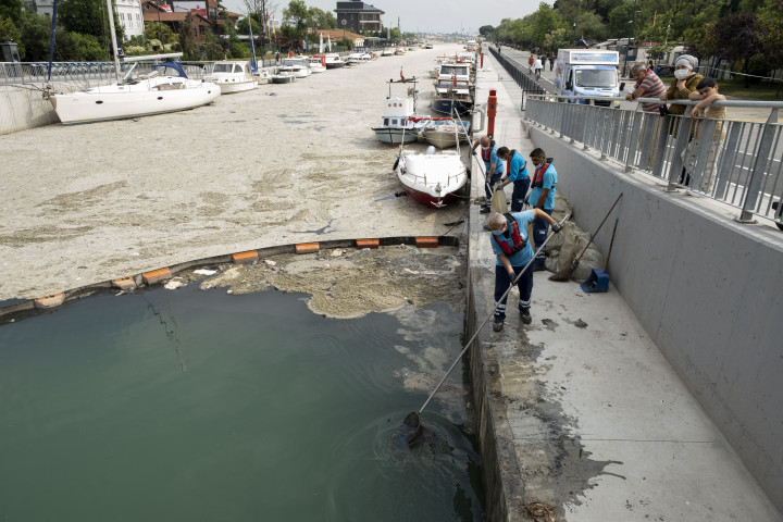 Egy isztambuli kikötőben próbálják feltakarítani a fitoplanktonokból álló habos-nyálkás anyagot. – Fotó: Resul Kaboglu / NurPhoto / AFP