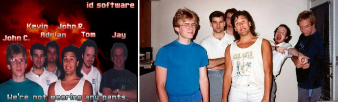 Az id Software 1991 körül. A tagokról a Wolfenstein 3D kiegészítőjében jelent meg a baloldali kép, a jobboldali ennek fotózásán készült. John Carmack a kék pólós srác, Romero a középső vigyorgó alak – Fotó: Wikipedia