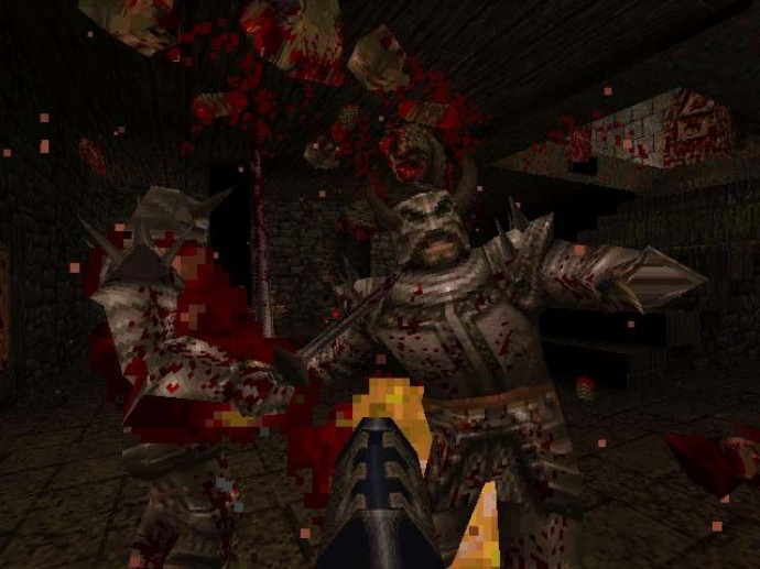 Jellemző pillanatkép a végleges Quake-ből: vérvörös pixelben úszó ellenfelek – Kép: Mobygames / Quake promóciós kép