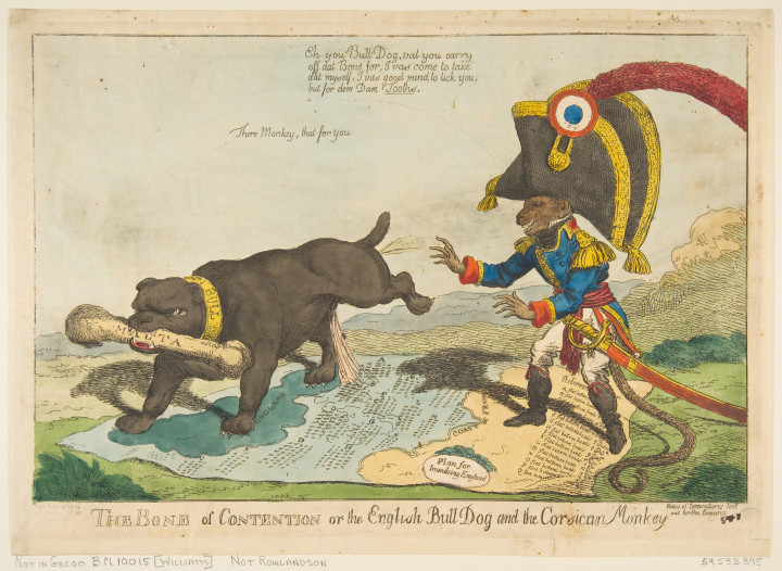1803-as karikatúra az „angol bulldog és a korzikai majom”, avagy Napóleon harcáról – Fotó: Heritage Art/Heritage Images via Getty Images