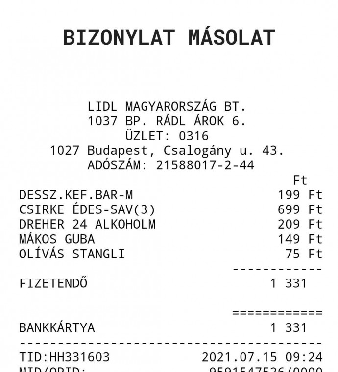 Egy vásárlás után kapott digitális másolat a Lidlben. Fotó: G7