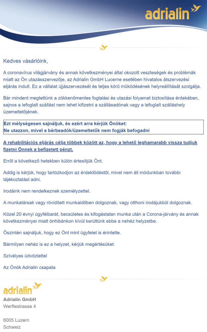 Az Adrialin levele az egyik érintett ügyfélnek – Forrás: Olvasónk / Telex.hu