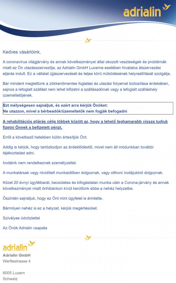 Az Adrialin levele az egyik érintett ügyfélnek – Forrás: Olvasónk / Telex.hu