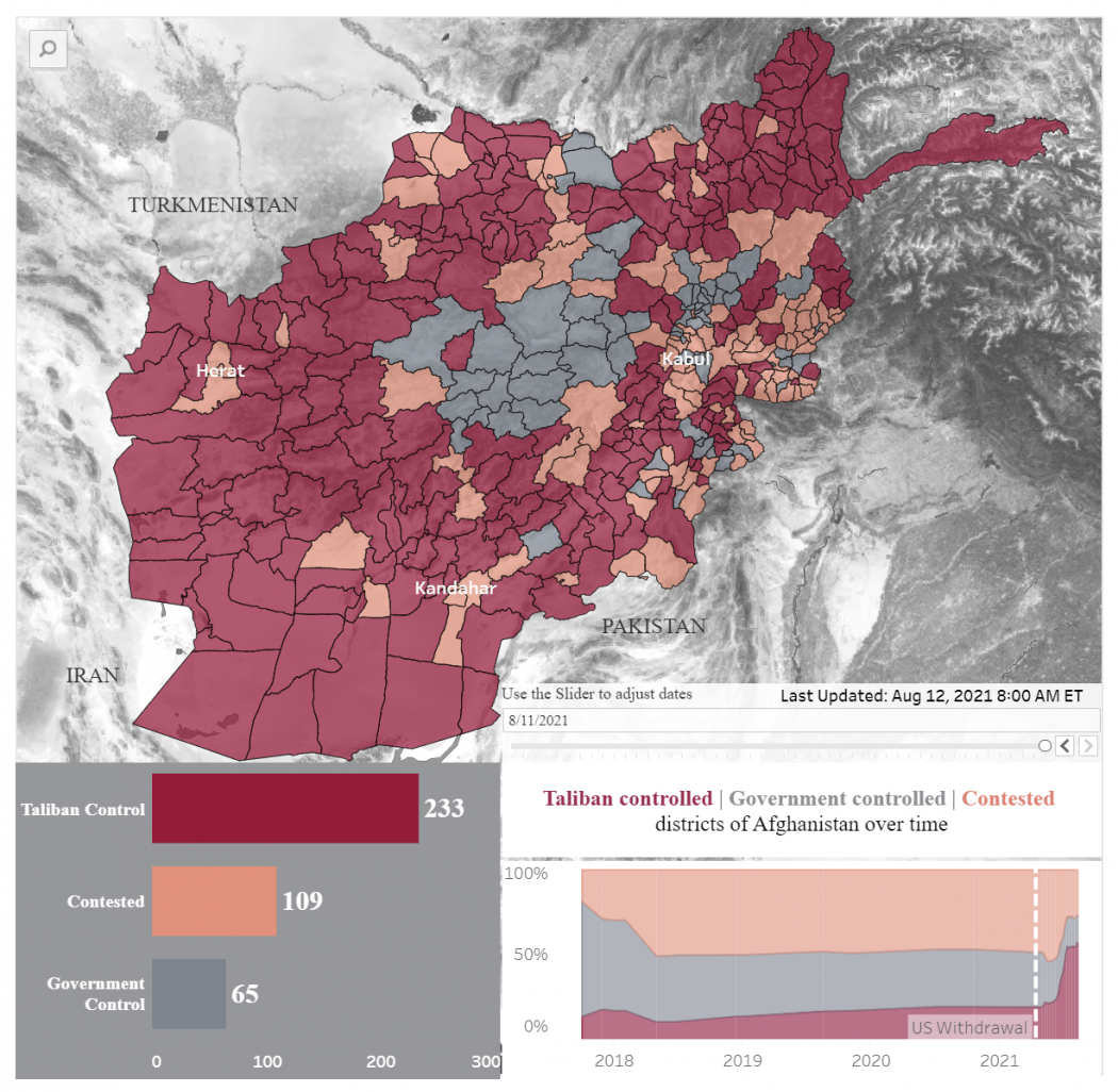 A tálibok és a kormányerők által ellenőrzött területek a Long War Journal térképén – Forrás: Fdd.org
