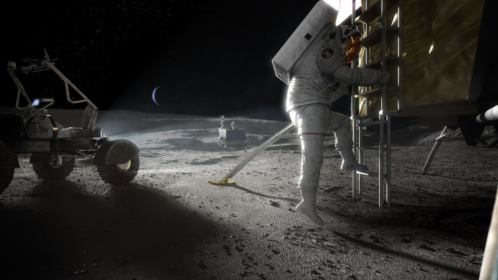 Az Artemis-program űrhajósa a Holdra lép a NASA illusztrációján – Fotó: NASA