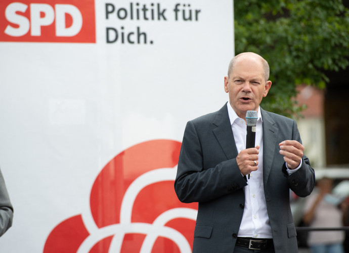 Olaf Scholz, a német szociáldemokraták kancellárjelöltje augusztus 21-én Ludwigsfeldében – Fotó: Paul Zinken / dpa / AFP