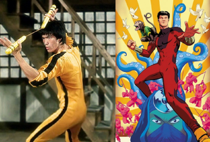 Balra Bruce Lee az 1978-as Halálos játszma című filmben. Jobbra pedig Shang-Chi, a Marvel legismertebb kungfumestere.