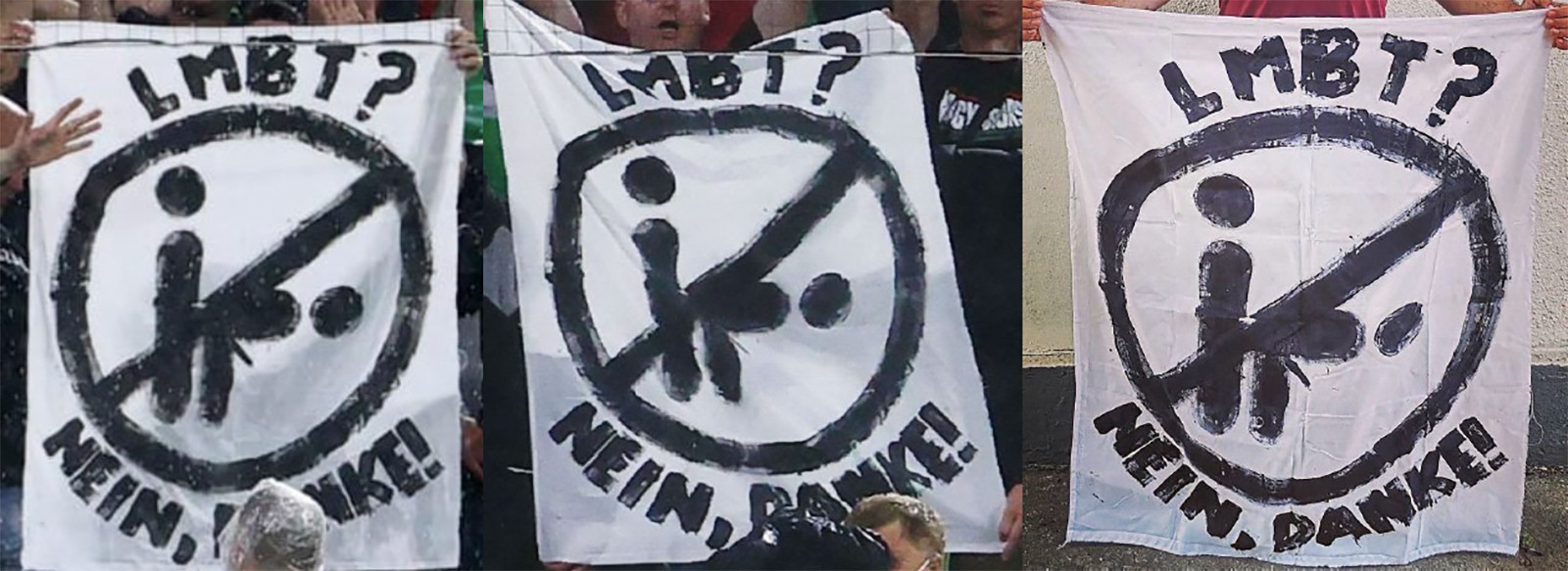 Bal oldalon és középen: A molinó a német–magyar meccsről 2021. június 23-án. Jobb oldalon: A molinó a neonáci Telegram-csatornáról 2021. június 23-án